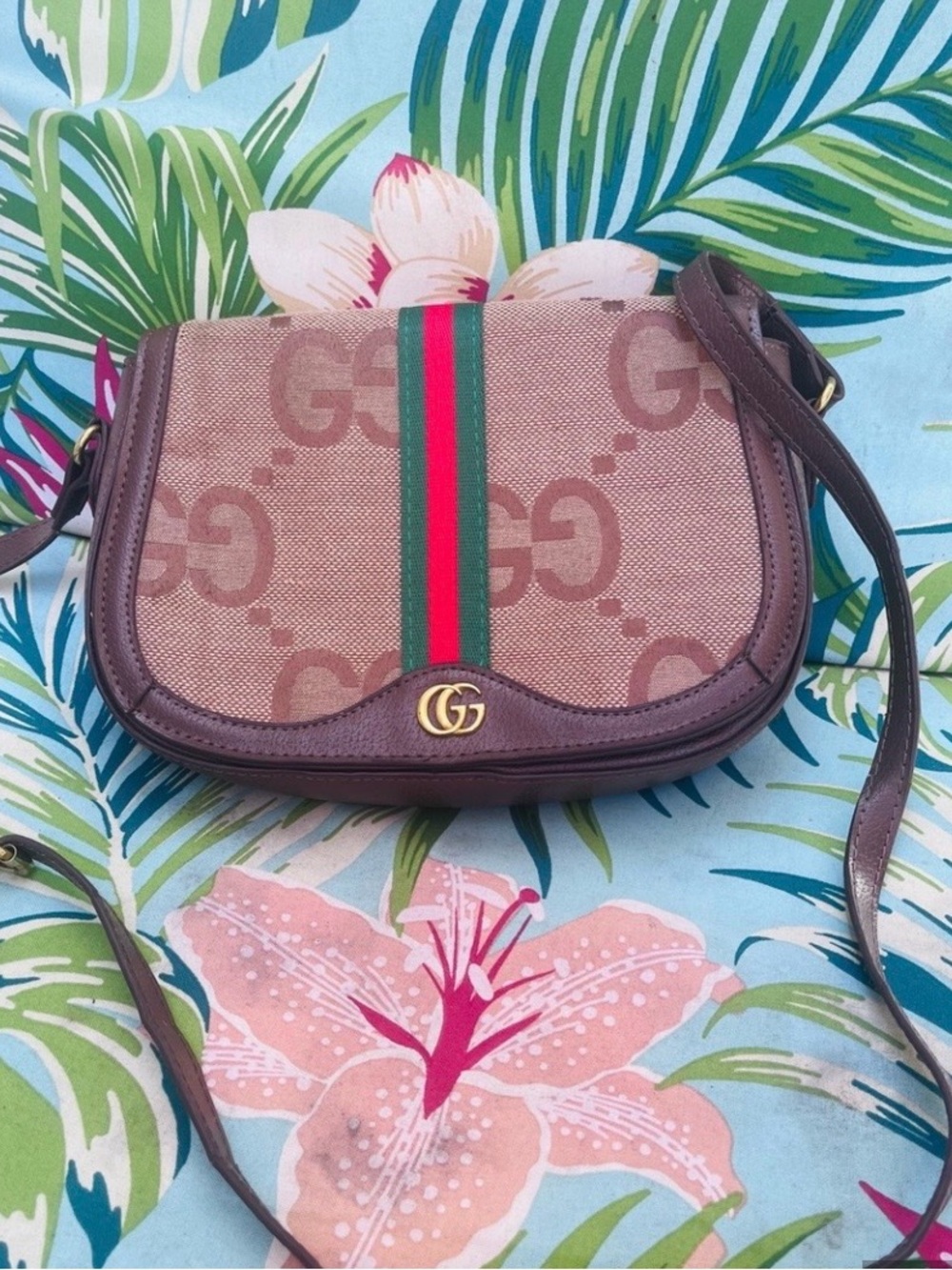 Gucci Beige GG Canvas Crossbody with Green-Red Web and Brown Trim
